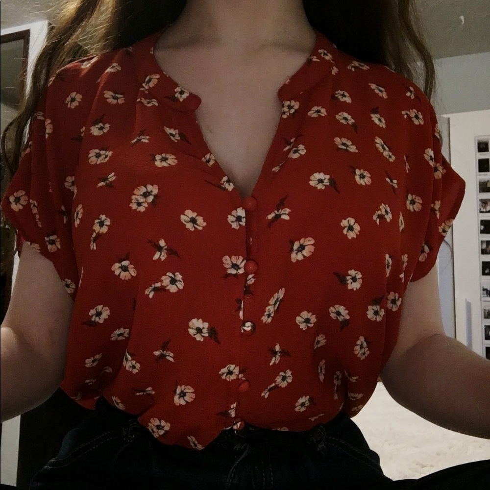 Red/Orange Floral Blouse-Pink Rose